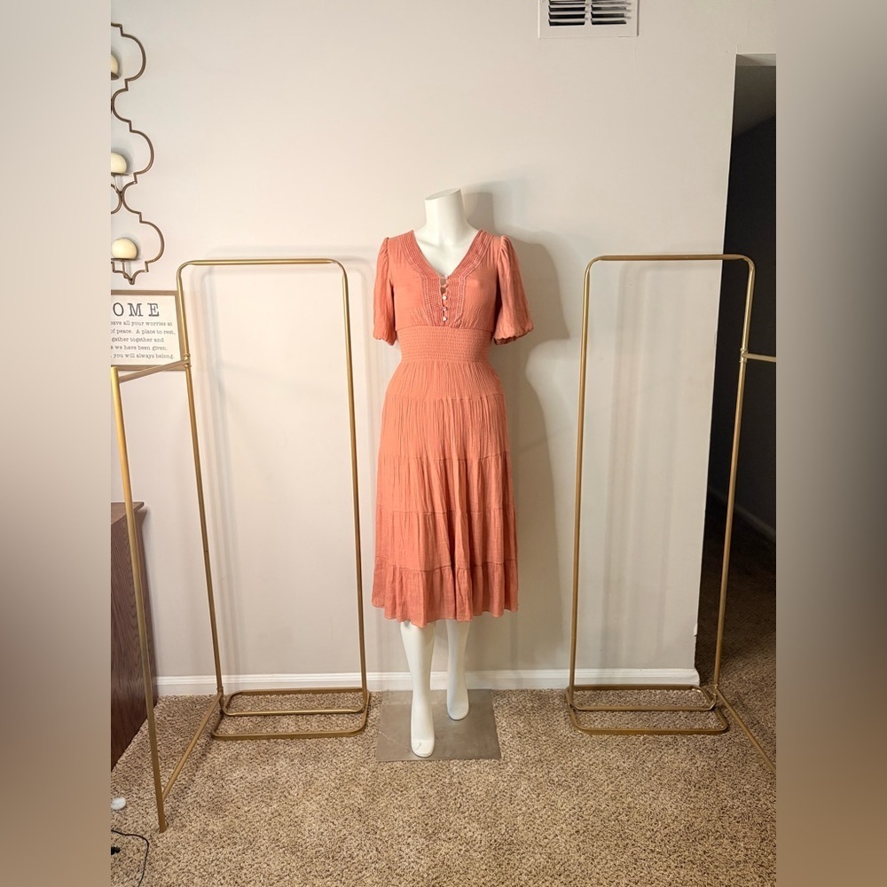 Peach  Ruffled Tiered Midi Sundress with Puff Sleeves